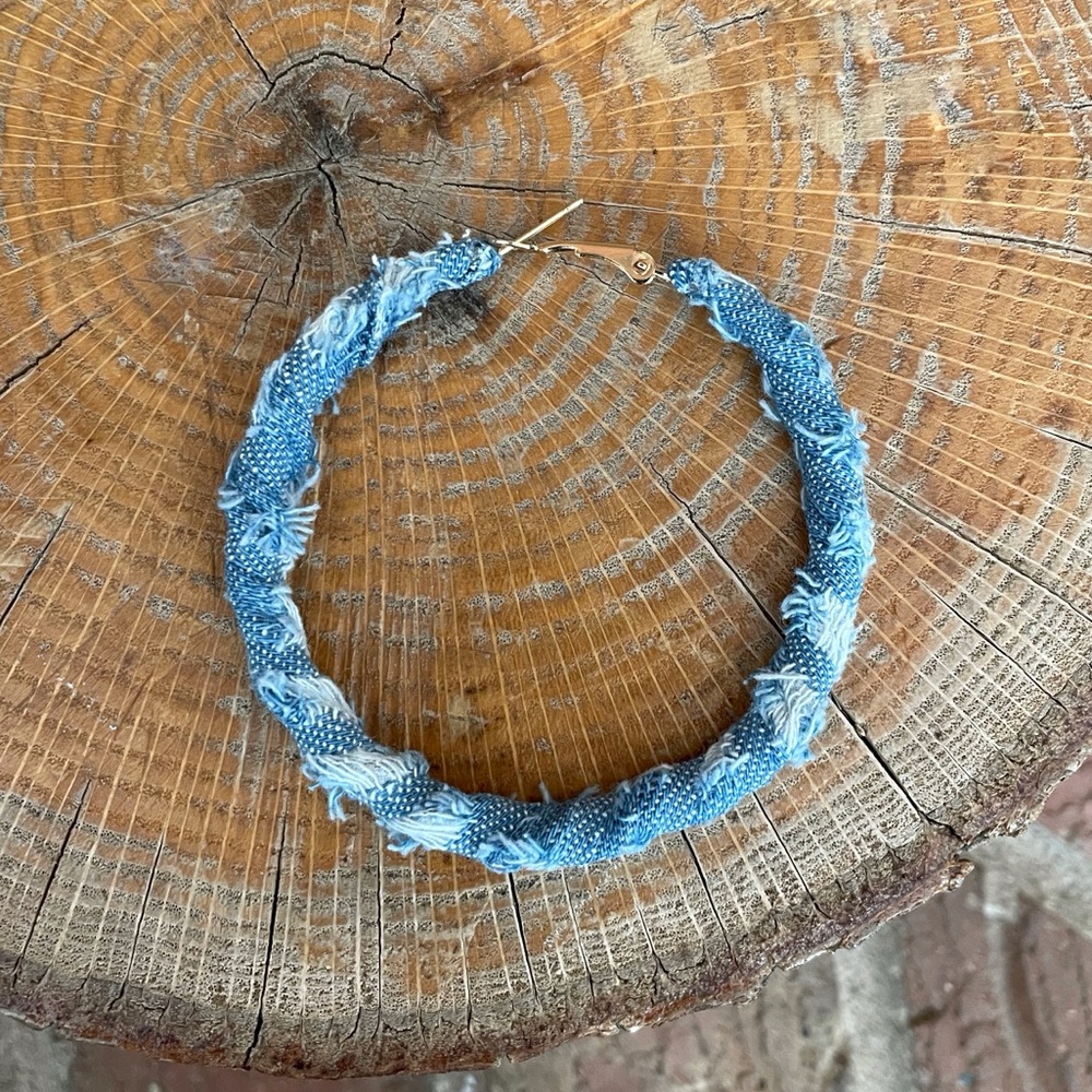 Distressed Denim Hoop Earrings - Picture 2 of 2